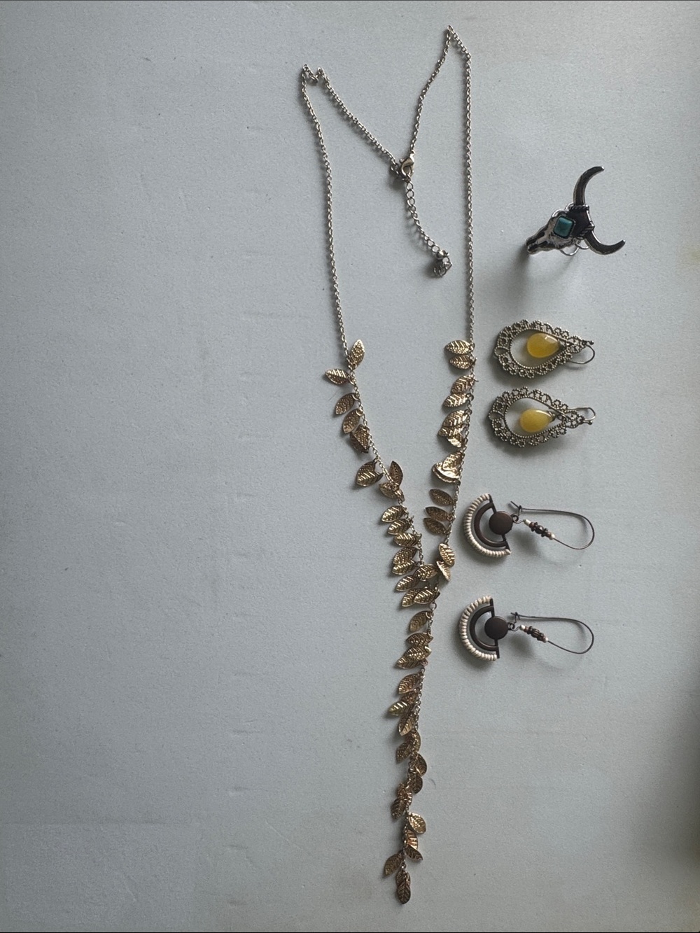 Gold Leaf Y-Style Necklace with Yellow Teardrop Earrings - Women Jewelry